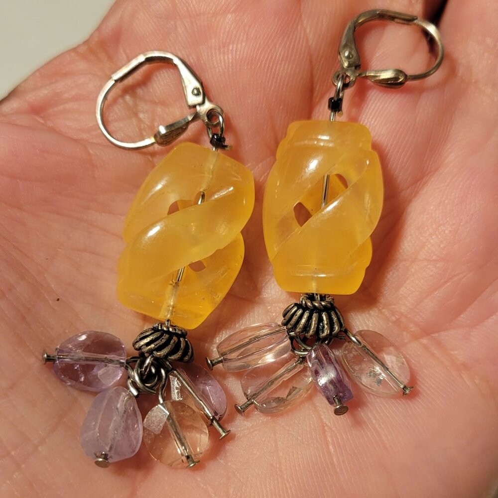 Handmade Carved Stone? & Amethyst Earrings